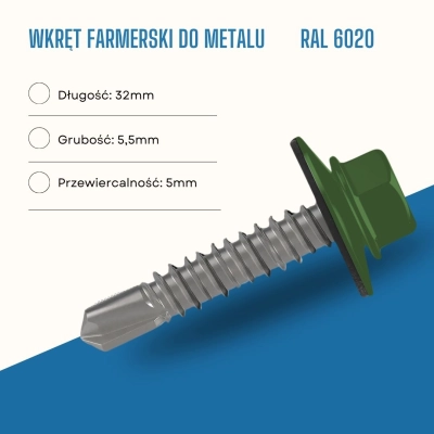 Wkręt farmerski do metalu 5,5x32 mm przewiercalność 5 mm w kolorze RAL 6020